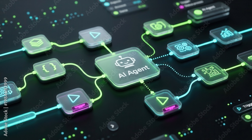 Fototapeta premium 3D rendering of an AI workflow automation software interface with nodes and triggers.