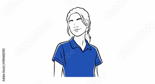 Stylized sketch of a person wearing a blue polo shirt and smiling with eyes closed