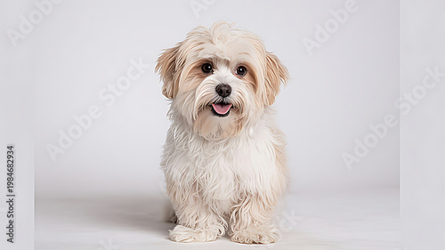 Maltese Dog Panting While Sitting and Looking at Camera on White Background