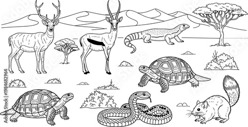 Desert Safari Wildlife Set with Antelopes, Snakes, Tortoises, and Small Mammals in a Savanna Landscape