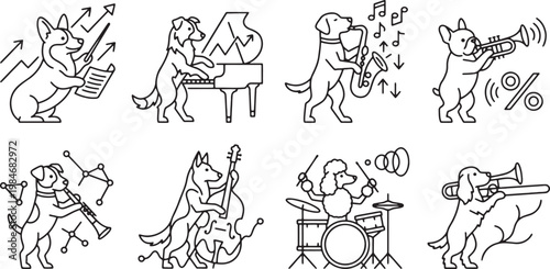 Orchestral dogs playing musical instruments in a jazz band set performance