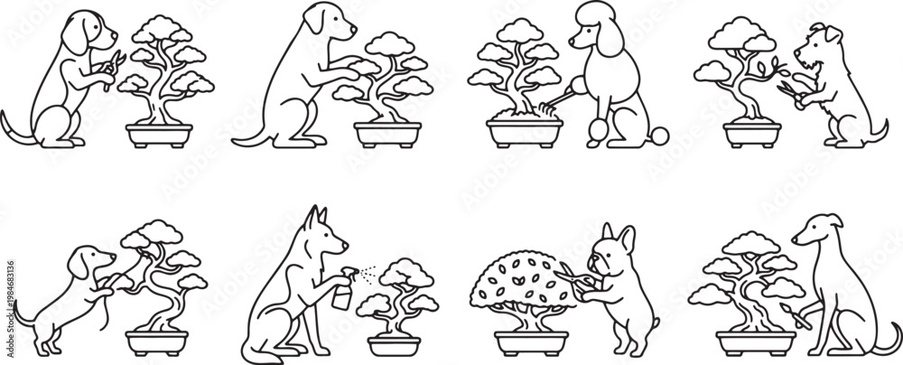 Fototapeta premium Dogs carefully pruning and maintaining bonsai trees in a peaceful garden setting