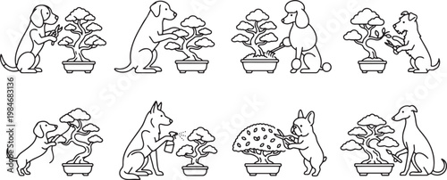 Dogs carefully pruning and maintaining bonsai trees in a peaceful garden setting