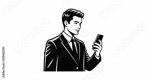 Stylized man in suit and tie looking at his mobile phone screen