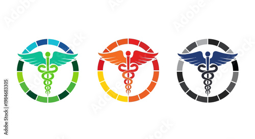 Stylized Caduceus symbols for medicine and healthcare, featuring staff, snakes, and wings, encircled by segmented color rings. Versatile vector designs for modern medical logo concepts
