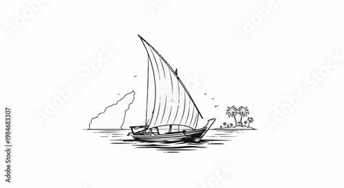 Stylized sketch of a single-masted sailboat sailing on water near islands