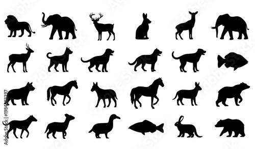 Animal silhouette collection with various species and poses in clean vector set