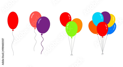 Vibrant illustrated party balloons displaying a delightful progression from single red to colorful bunches, symbolizing celebration, joy, and festive happiness