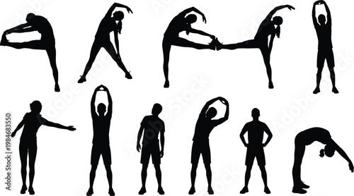 Stretching exercise silhouette set, warm up fitness routine collection, flexibility training poses, healthy lifestyle activity, workout preparation, sport body movement illustration