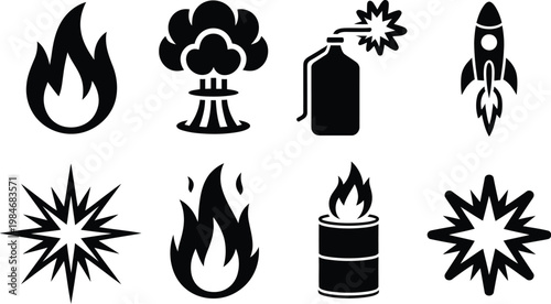 Fire and explosion hazard symbols set, black and white vector illustration of flame and mushroom cloud icons representing danger safety warning and industrial risk signage.