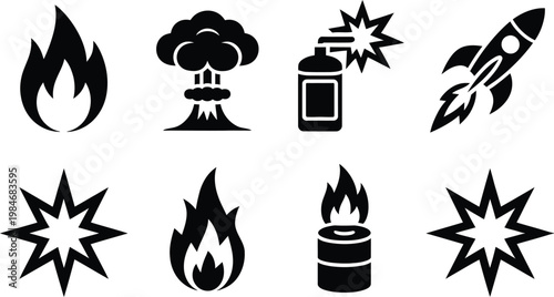 Fire and explosion hazard symbols set, minimalist safety icons featuring flame and mushroom cloud signs for warning labels industrial hazard and risk communication design.