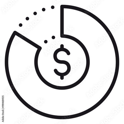 Quadro em tela Financial Donut Chart Vector Icon with Dollar Sign Symbol, Minimalist Black Line Illustration Representing Budget Allocation, Investment Distribution, Market Share, and Economic Data Analysis