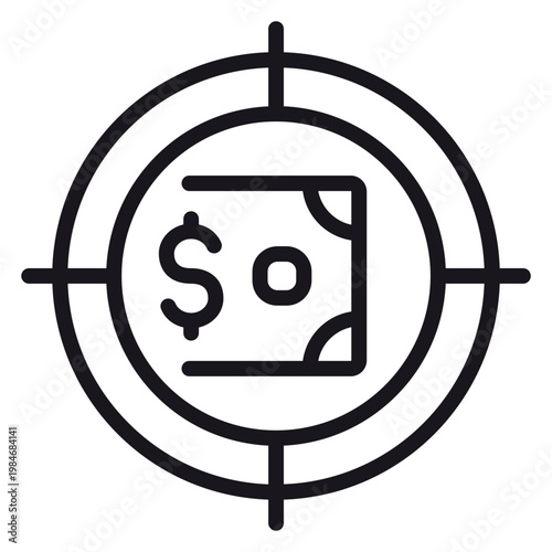 Photos Financial targeting vector icon: A black minimalist illustration of a dollar bill inside a target crosshair, representing investment goals, profit focus, and strategic financial planning