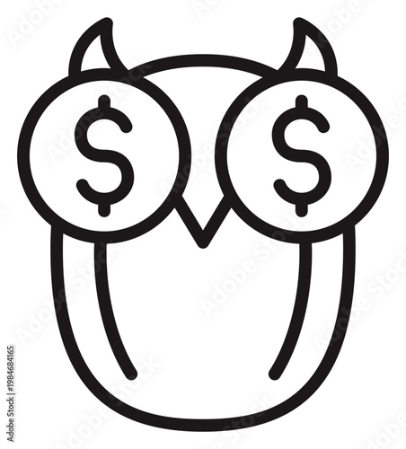 Owl Vector Icon with Dollar Sign Eyes, Minimalist Black Line Art Illustration of a Wise Bird Symbolizing Financial Success, Wealth, Money Management, Investment, and Business Profitability.