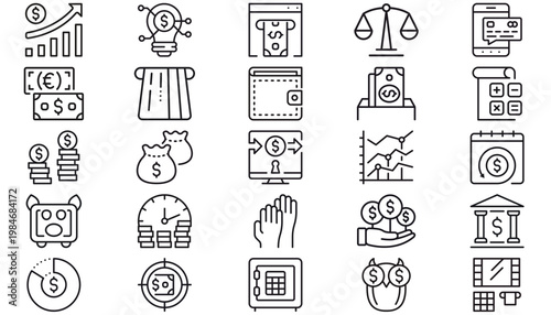 25 Black Vector Icon Set Collection Bundle: Minimalist Finance, Banking, Investment, Money, Growth Charts, Wallet, Credit Card, Currency, Accounting, Law, Security, and Business Symbols Grid.