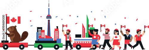 Beaver on a colorful toy train.