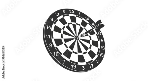A black and white dartboard with a dart hitting the bullseye silhouette