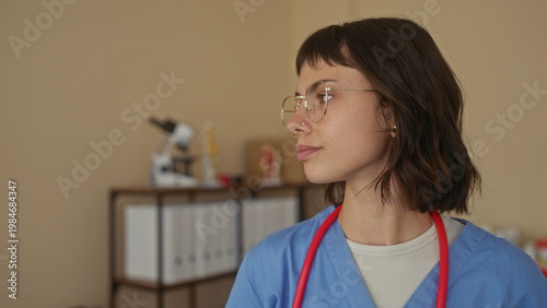 Tableau sur toile Woman nurse in blue scrubs with stethoscope and glasses closes eyes in building; serenity care empathy