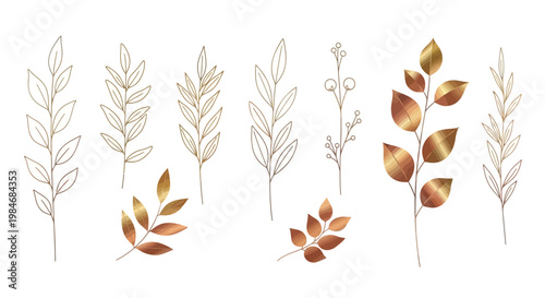 Elegant collection of stylized golden and bronze botanical elements, featuring delicate outlines and metallic textured leaves, perfect for autumn-inspired designs and luxury invitations