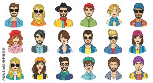 Diverse Group of Stylized People Avatars.