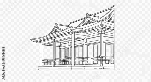 Stylized sketch of a traditional East Asian building with layered roofs and veranda