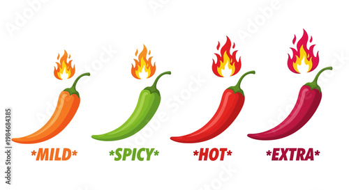 A vibrant visual scale depicting various levels of chili pepper heat, from mild to extra hot, perfect for illustrating spice intensity in food, cooking, 