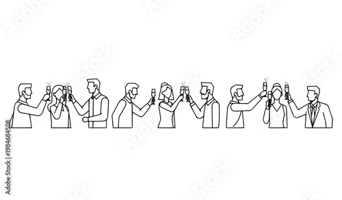 Minimal line art group of people toasting champagne glasses in party celebration vector illustration