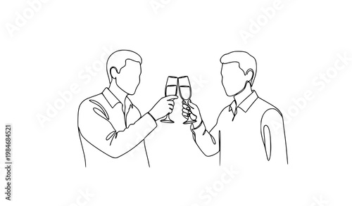 Minimalist line art people toasting champagne glasses in elegant continuous line celebration illustration