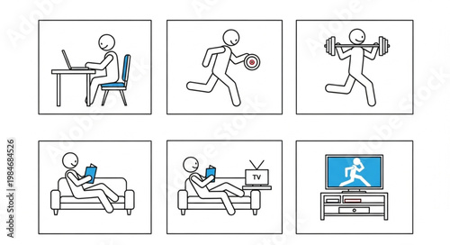 Stick Figure Activities Representing Work Exercise and Leisure Time.