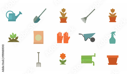 Modern gardening icon set with flat design tools plants and equipment vector collection