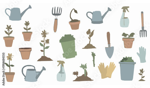 Hand drawn gardening doodle icon set with plants tools and nature elements for organic design