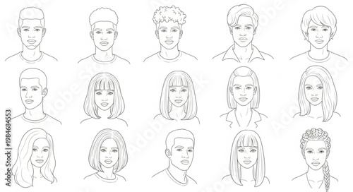 Collection of diverse sketched portraits showcasing various hairstyles and facial features.