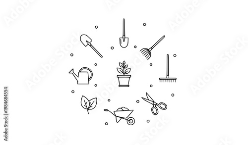 Minimal line gardening icon set with circular layout of tools plants and outdoor elements vector