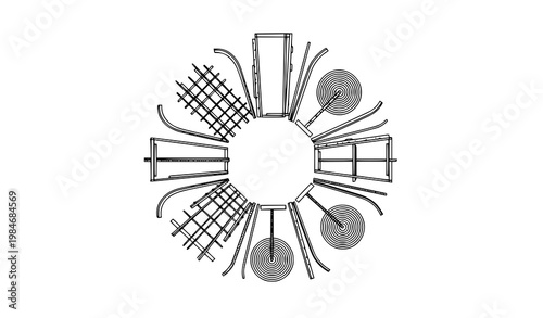 Geometric rebar vector set with circular layout of construction reinforcement bars and structures