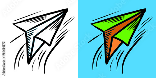 Hand Drawn Paper Airplane Flying with Motion Lines in Bold Outline Style