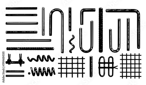 Steel rebar construction vector set with detailed reinforcement bars and structural elements collection