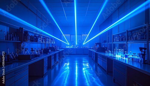 Futuristic laboratory illuminated by blue laser beams and equipment.