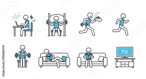 Diverse Activities of a Stick Figure Person Representing Daily Life.
