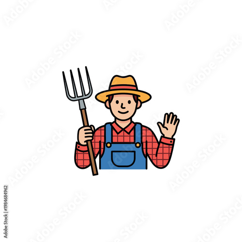 Cartoon farmer waving with pitchfork.