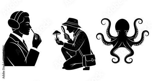 Detective inspecting mushroom with magnifying glass during exploration silhouette
