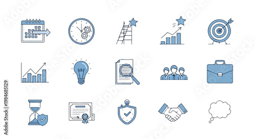 A collection of fifteen hand-drawn business and productivity icons in a blue and gray color palette, ideal for professional presentations.