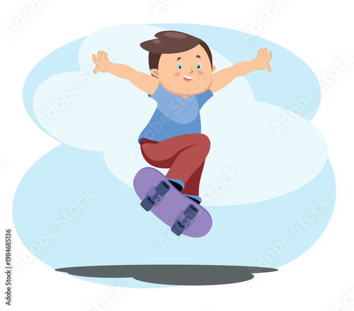 Young boy riding a skateboard, active lifestyle character, male teenager skating in flat vector style.