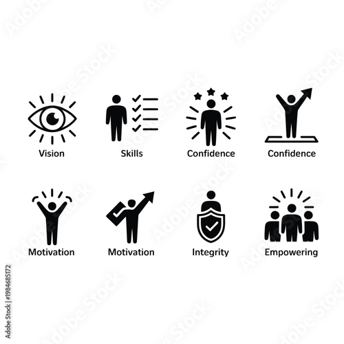 Icons representing business concepts vision skills confidence motivation and integrity