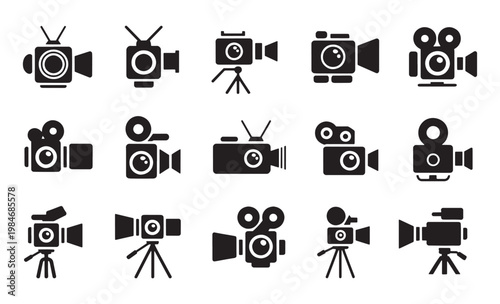 TV camera icon set broadcasting and video production symbols in solid style vector illustration collection