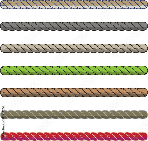 Set of colorful nautical rope borders and twisted cord vector illustrations