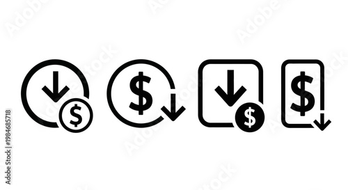 Set of icons symbolizing cost reduction, price decrease, and budget savings, with a dollar sign and downward arrow