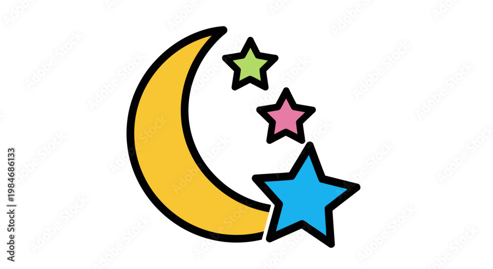 Fototapeta premium Crescent Moon and Colorful Stars Vector Illustration, Playful Celestial Night Sky Graphic Element for Childrens Design Projects