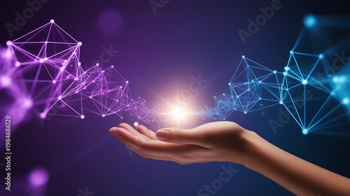 Digital network connection radiating from an open hand, symbolizing data transfer and technological advancement