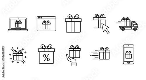 Icons of online shopping, gifts, delivery, discounts, and promotions for e-commerce and retail