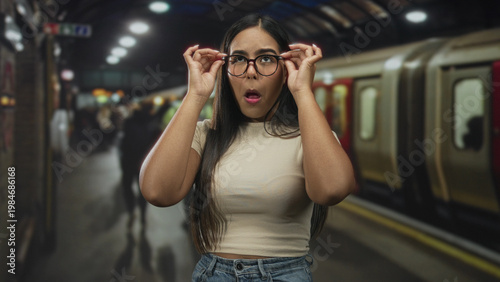 Konstfotografi Woman adjusts glasses and shifts from surprised look to hands on hips stance on a train platform in building; impatience resolve